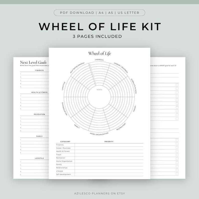 May include: A Wheel of Life Kit with three pages, featuring a circular diagram for self-assessment and goal setting. The central diagram is surrounded by sections for Finances, Career/Business, Health & Fitness, Travel, Recreation, Home Organization, Family, Relationships, Lifestyle, and Self-Development. The kit includes pages for Next Level Goals.