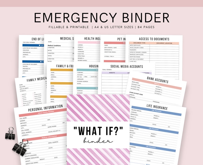 May include: An emergency binder with fillable and printable pages. The binder includes sections for medical information, family contacts, and financial details. The cover features the text "WHAT IF?" in a handwritten font, with a pink and white striped background. Includes binder clips.