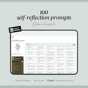 May include: A digital tablet displays a Notion template with 100 self-reflection prompts. The screen shows a grid of questions, with the text "100 self-reflection prompts Notion template" at the top. The tablet is labeled "Made for Notion".