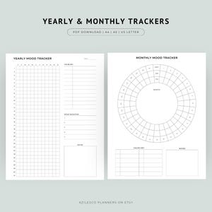 May include: A printable planner with "YEARLY & MONTHLY TRACKERS" at the top. The left page features a yearly mood tracker grid, and the right page has a circular monthly mood tracker. Includes sections for color keys, mood boosters, and notes. PDF download.