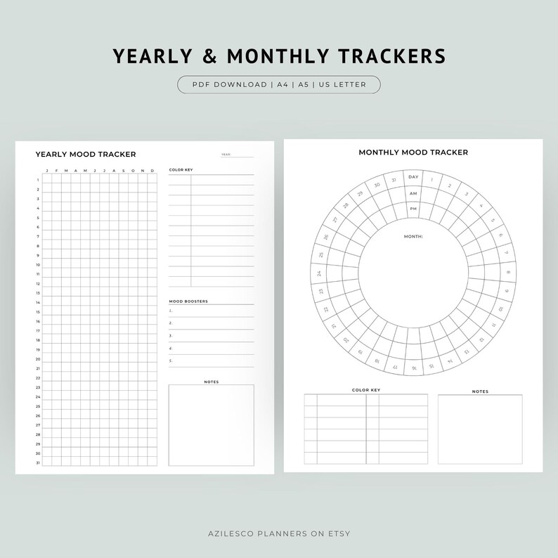 May include: A printable planner with "YEARLY & MONTHLY TRACKERS" at the top. The left page features a yearly mood tracker grid, and the right page has a circular monthly mood tracker. Includes sections for color keys, mood boosters, and notes. PDF download.