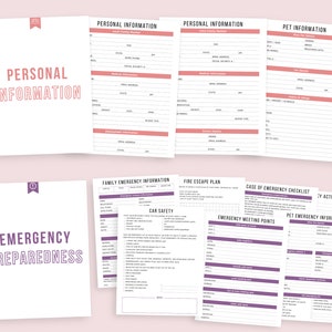 May include: A collection of emergency preparedness forms. The forms include sections for personal information, family emergency details, fire escape plans, and pet information. The forms are white with pink and purple accents and text.