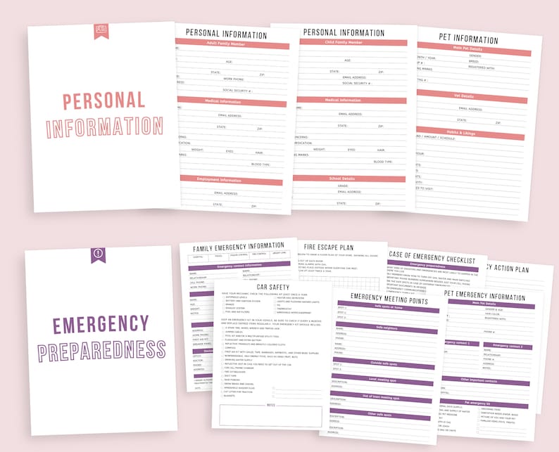May include: A collection of emergency preparedness forms. The forms include sections for personal information, family emergency details, fire escape plans, and pet information. The forms are white with pink and purple accents and text.