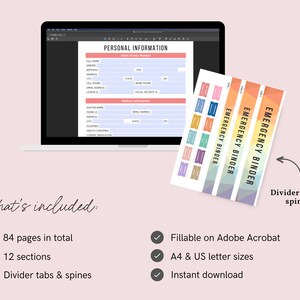 May include: A digital emergency binder template displayed on a laptop screen, with colorful divider tabs and spines. The template includes sections for personal and medical information, and is available in A4 and US letter sizes. The image also highlights the 84-page total and 12 sections.