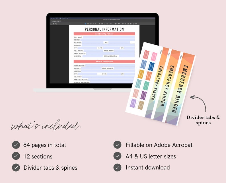 May include: A digital emergency binder template displayed on a laptop screen, with colorful divider tabs and spines. The template includes sections for personal and medical information, and is available in A4 and US letter sizes. The image also highlights the 84-page total and 12 sections.