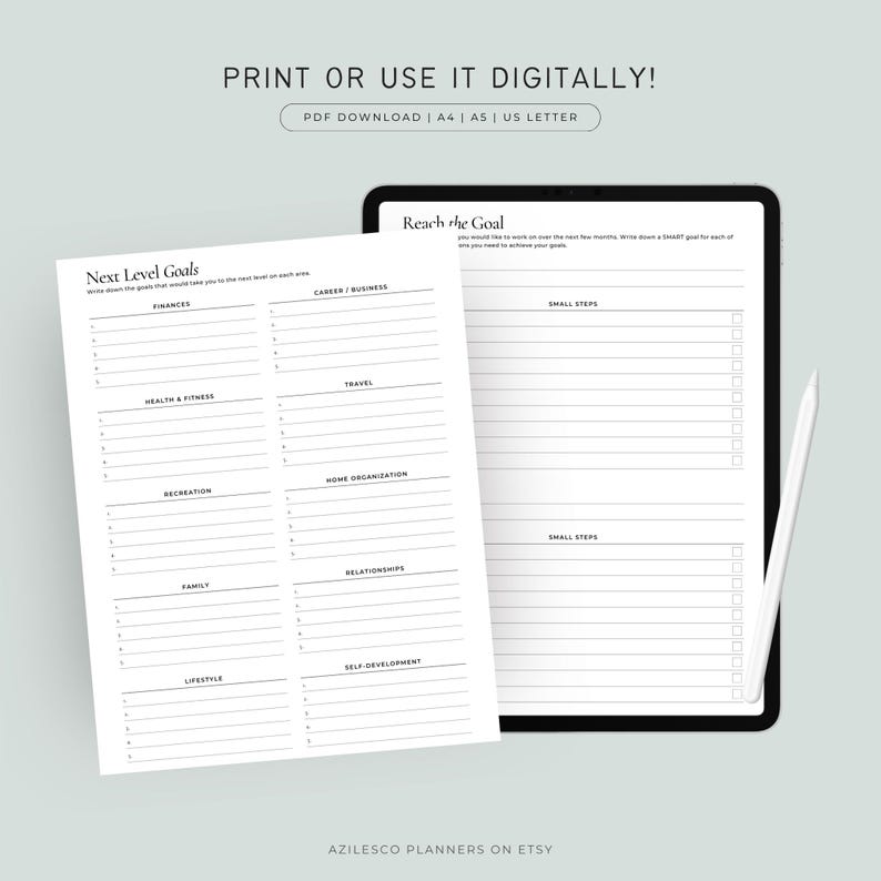 May include: A digital planner with the text "Next Level Goals" and "Reach the Goal". The planner is displayed on a tablet and a printed sheet. The printed sheet has sections for finances, health, recreation, family, and lifestyle. The tablet has sections for small steps.