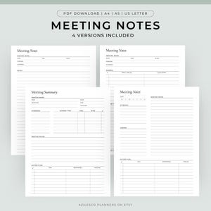 Meeting Notes Printable, Meeting Minutes, Printable Work Organizer, Work Planner, Meeting Agenda Template, Business Planner