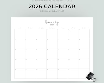 2026 Calendar Printable Landscape, Minimalist Monthly Calendar 2026, Calendar Printable