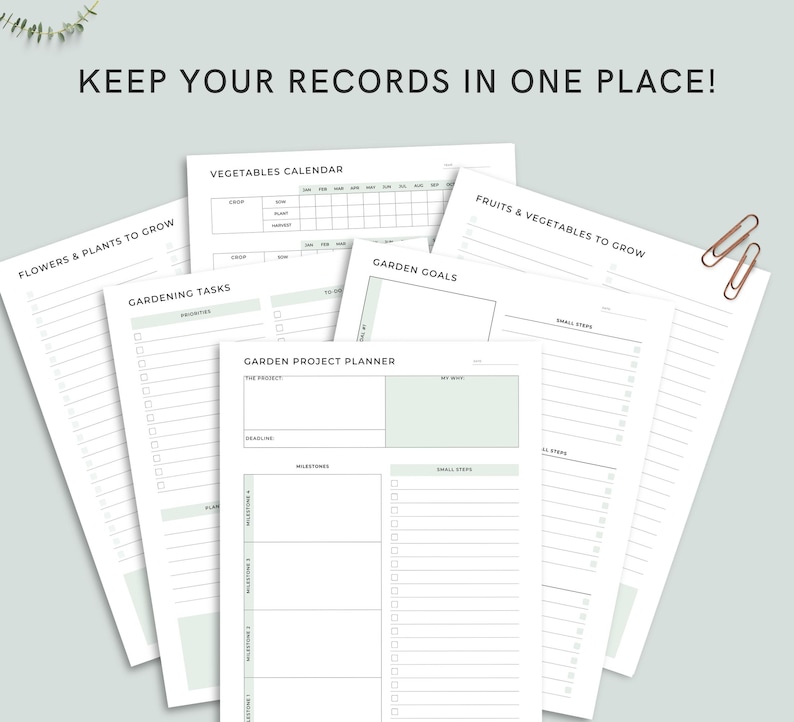 May include: A collection of white gardening planner pages with green accents and text. The pages include sections for vegetables, fruits, flowers, tasks, goals, and project planning. The text "KEEP YOUR RECORDS IN ONE PLACE!" is at the top.