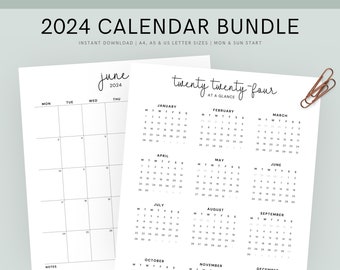 2024 Calendar Bundle Printable, Perpetual Calendar & 2024 Year at a Glance, Printable Portrait Monthly Calendars,