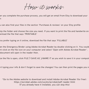 May include: A pink background with the words "How it works:" in cursive script. The image provides a numbered guide on how to download and use files purchased from Etsy, including instructions for printing and typing on the documents.