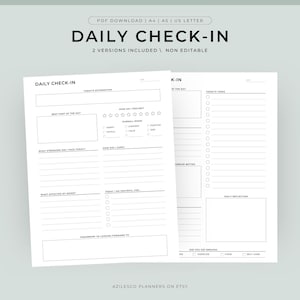 May include: Two white printable daily planner pages with the text "DAILY CHECK-IN" and "K-IN". The pages include sections for affirmations, tasks, mood, and reflection. The top of the page reads "PDF DOWNLOAD | A4 | US LETTER".