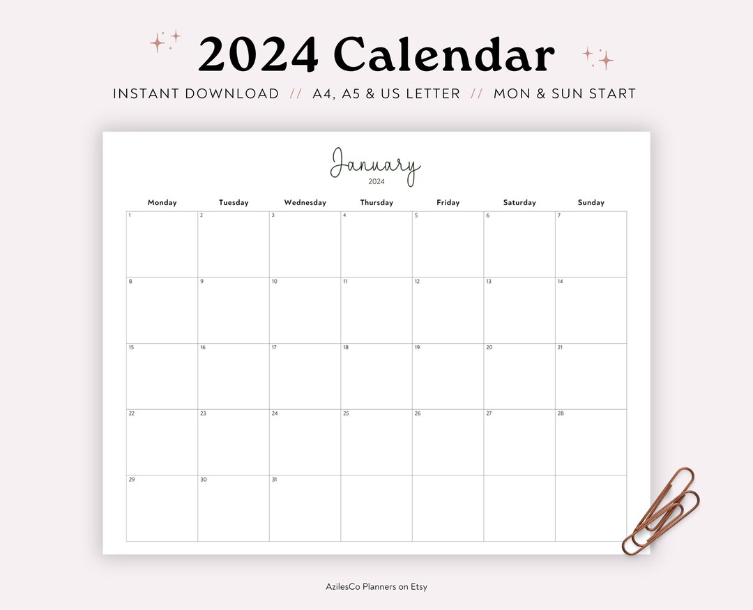 2024 Calendar Printable Landscape Minimalist Monthly Calendar Etsy