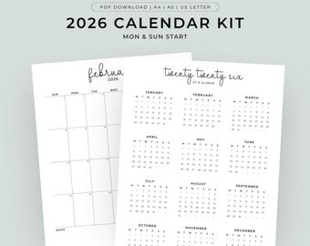 2026 Calendar Bundle Printable, Perpetual Calendar & 2026 Year at a Glance, Printable Portrait Monthly Calendars, 2026 Planner