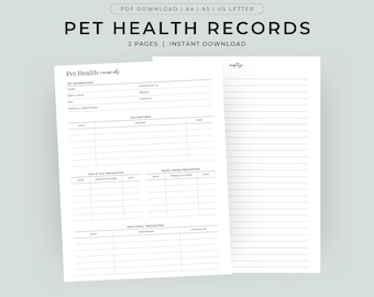 Pet Health Record Printable | Dog Medical Record | Cat Vaccination Tracker | Pet Care Organizer | Vet Visit Log | Pet Health Planner