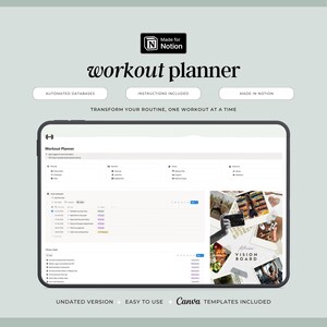 Könnte beinhalten: Eine digitale Trainingsplan-Vorlage mit hellgrauem Hintergrund. Der Text "workout planner" ist in einer stilvollen Schriftart gehalten. Der Planer enthält automatisierte Datenbanken, Anweisungen und wurde in Notion erstellt. Der Text "Verwandeln Sie Ihre Routine, ein Training nach dem anderen" ist ebenfalls enthalten.