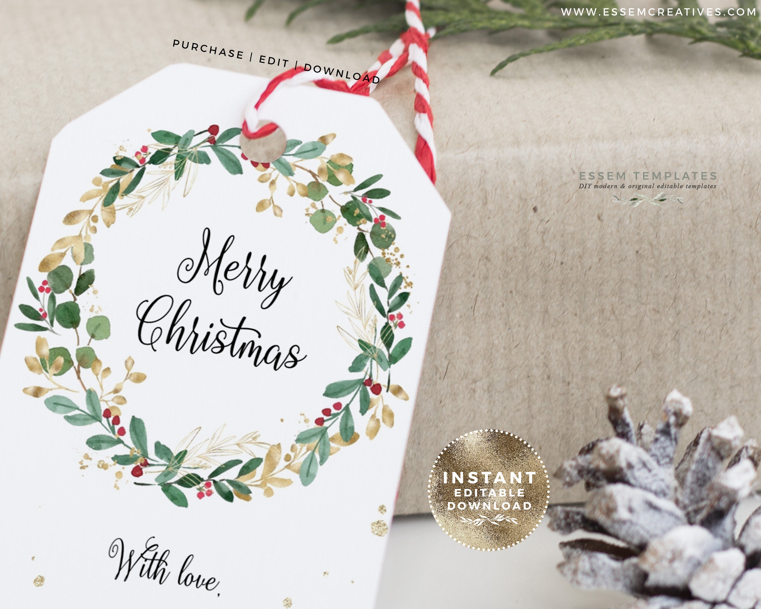 Christmas Wreath Gift Tag Template Rustic Watercolor Tag | Etsy