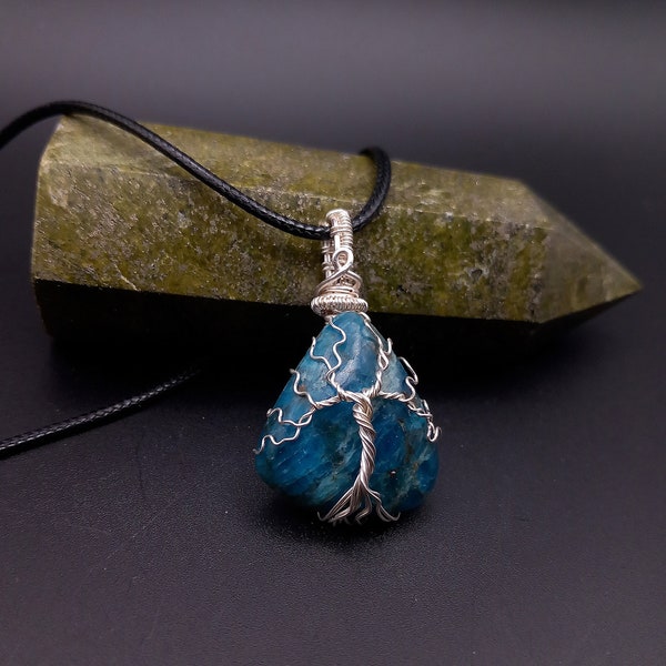 Silver Plated, Blue Apatite Tree of Life Pendant. Good energy, Creativity gemstone tree necklace, handmade, wire jewellery, Gemini Necklace