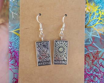 Pick Your Style!  Silver Tarot Card Earrings Moon and Sun. Zodiac, mismatched, indie, witchy, galaxy, moon phase, Y2K Celestial 90's.