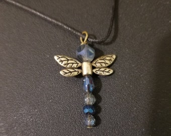 Blue Glass and Metal Dragonfly Pendant Necklace