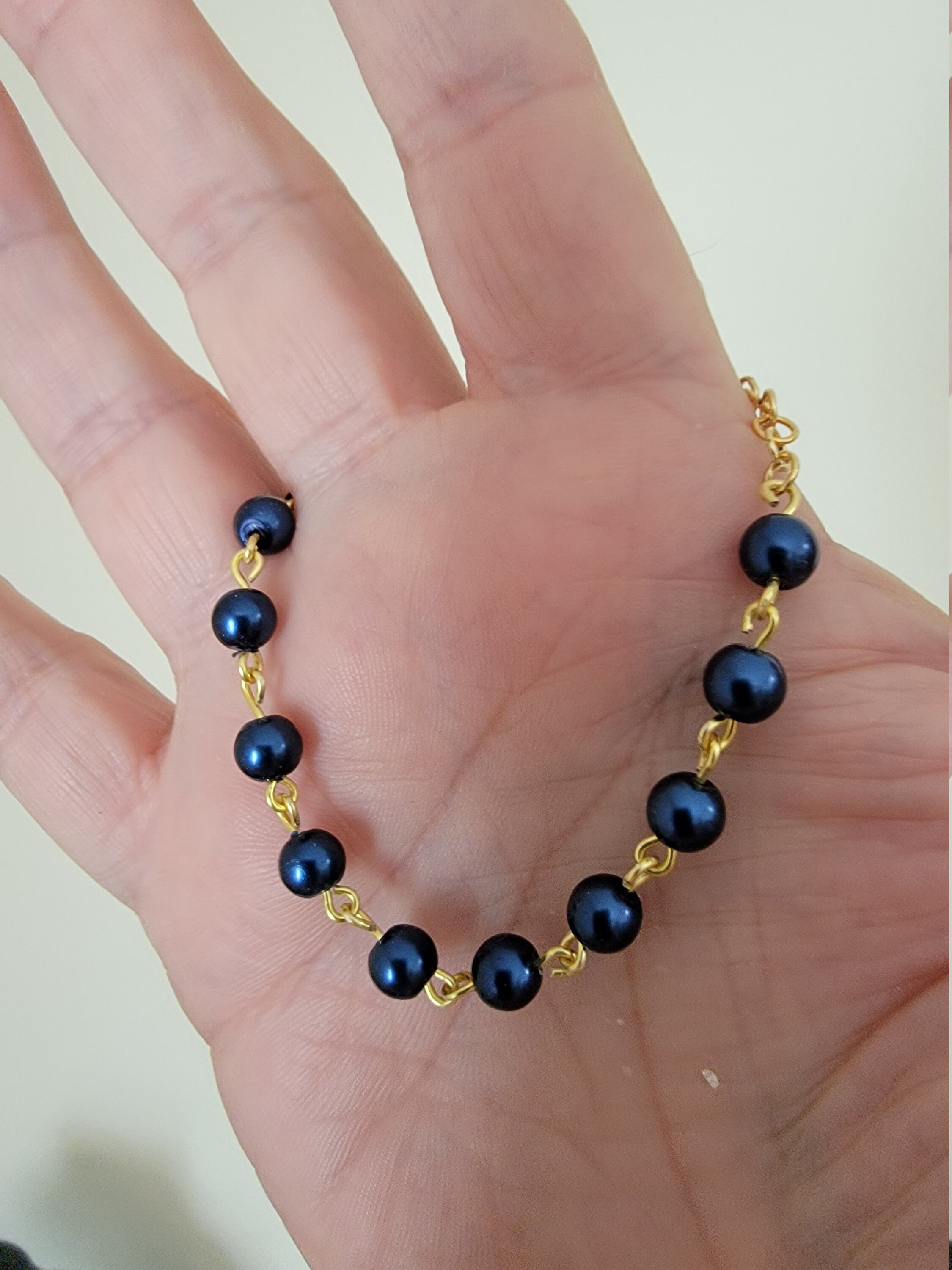 5 Inch Bracelet in 4mm Navy Blue Glass Beads on 20 Guage Gold