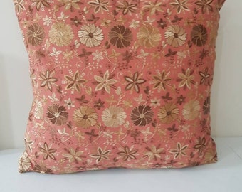 Embroidered Floral Cushion Cover: Coral Orange, Gold & Brown (50x50cm)