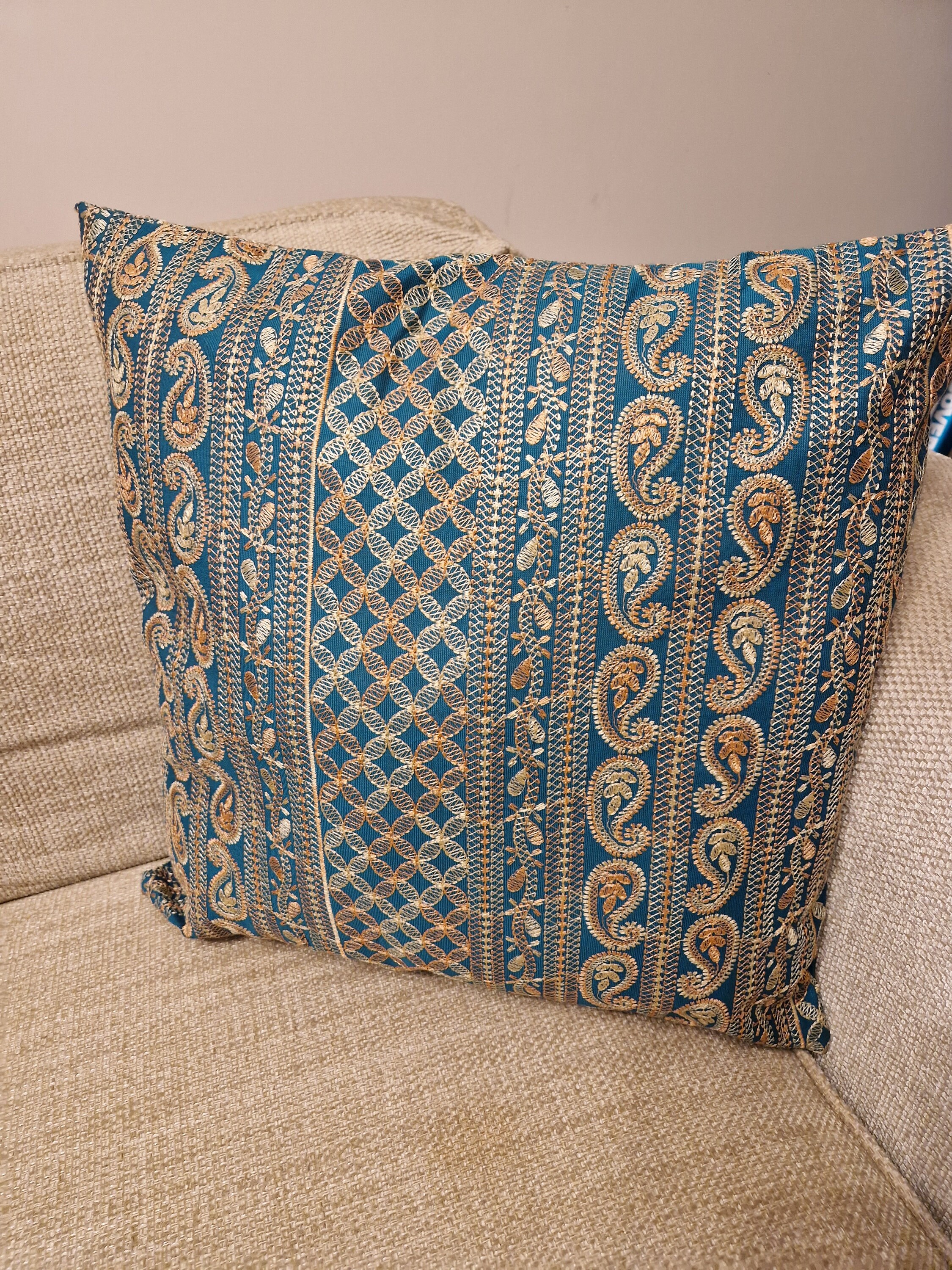 Emerald Green Embroidered Cushion Cover: Gold Detail, 50x50cm
