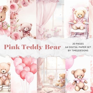 Watercolor Pink Teddy Bear Digital Paper Journal Pages Scrapbook Paper Backgrounds Baby Girl Memories Printable