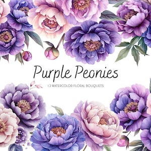 Watercolor Purple Peony Clipart, Watercolor Floral PNG, Summer Floral Elements, Watercolor Floral Clipart, Watercolor Flower Graphics