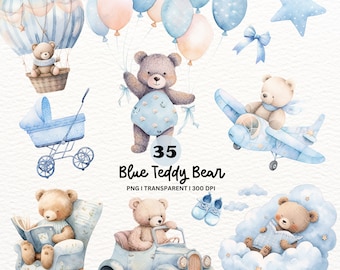 Aquarelle Teddy Bear Clipart Baby Shower pour garçon Blue Bear PNG Utilisation commerciale