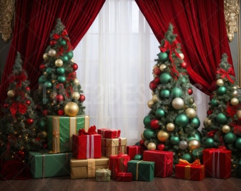 Kate Christmas Trees Fireplace Wreath Gifts White Backdrop