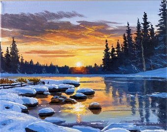 Acrylic Painting Winter Sunset Landscape