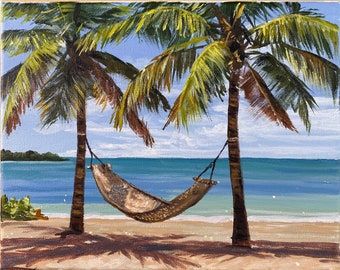 Acrylic Painting Palm Tree Hammock Seascape