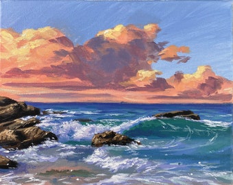 Acrylic Painting Pink Clouds Seascape