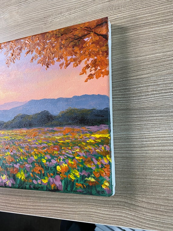絵画 お花畑 風景画 アクリル画 原画 一面に咲く花＊絵画 風景画 春 花畑 テクスチャーアートの通販