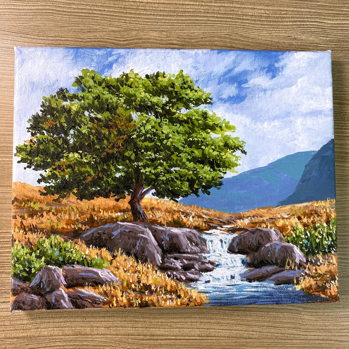 Acrylic Painting Yellow Grass Stream Landscape Etsy