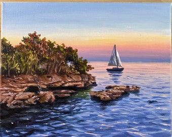 Acrylic Painting Sunset Boat Seascape