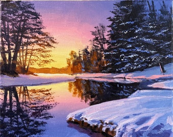 Acrylic Painting Winter Lake Sunset