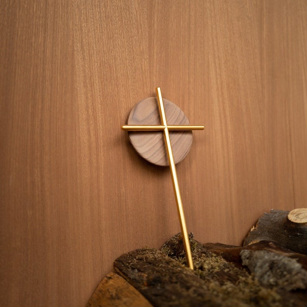 Premium Mid-Century Modern 24k Gold Plated Handmade Metal Cross_Small Wood Halo_Walnut