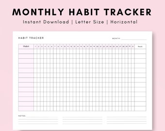 Monthly Habit Tracker Printable Template, Instant Download, Letter Size Horizontal Tracker, Goal Tracker Planner