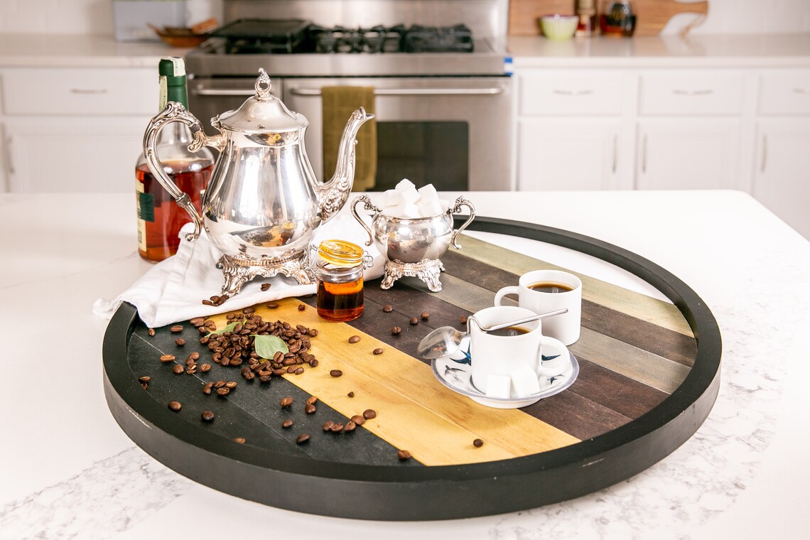 HOME BREEZES Large Wooden Lazy Susan Round Wood Ottoman Turntable Tray