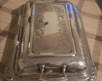 Edwardian english silver plated, rectangular lidded entree dish,finely etched detailing, statement piece,festive table,excellent condition