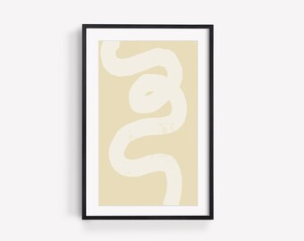 May include: A framed abstract print with a white squiggly line on a light yellow background.