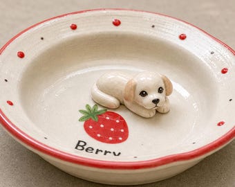 ersonalized Pet Ring Dish, Handmade Ceramic Dog Jewelry Tray with Strawberry, Custom Name Trinket Dish