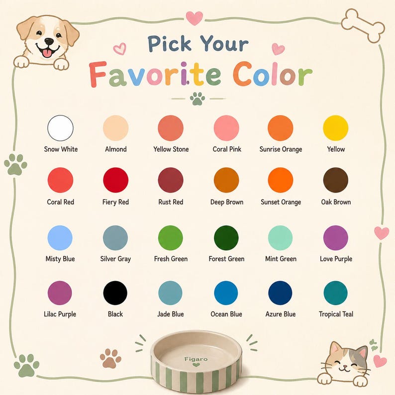 K&ouml;nnte beinhalten: Eine Farbauswahltafel f&uuml;r einen Futternapf mit einem gezeichneten Hund und einer Katze, dem Text Pick Your Favorite Color und vierundzwanzig beschrifteten Farbkreisen wie Snow White, Coral Red, Misty Blue und Black sowie einem gestreiften Napf mit Aufschrift Figaro.
