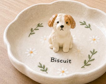 Custom 3D Pet Ring Dish, Personalized Dog Sculpture Jewelry Tray, Floral Keepsake Dish