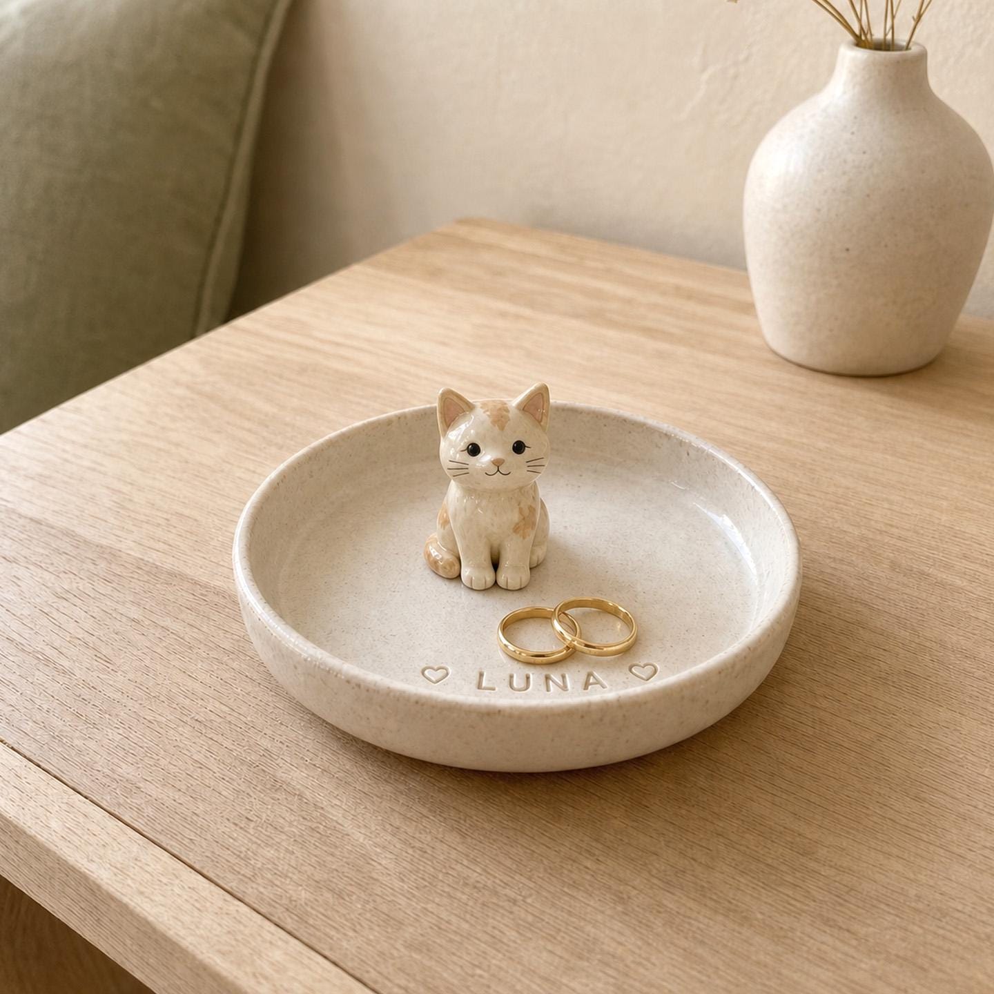 名入れ可能なセラミック製ペット用リング皿、手彫りの犬用ジュエリー