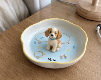 Customized pet ring dish, blue small fish jewelry tray, handmade 3D dog figurine, dog mother gift