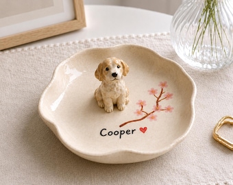 Personalized Dog Ring Dish, Ceramic Pet Jewelry Tray, Cherry Blossom Keepsake