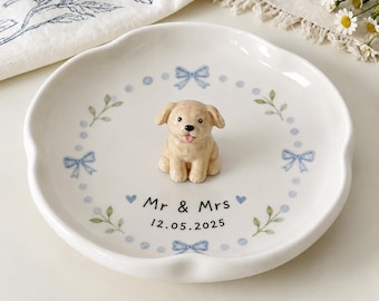 Personalized Ceramic Pet Ring Dish, Wedding Mr & Mrs Gift, Hand-Painted Floral Detail
